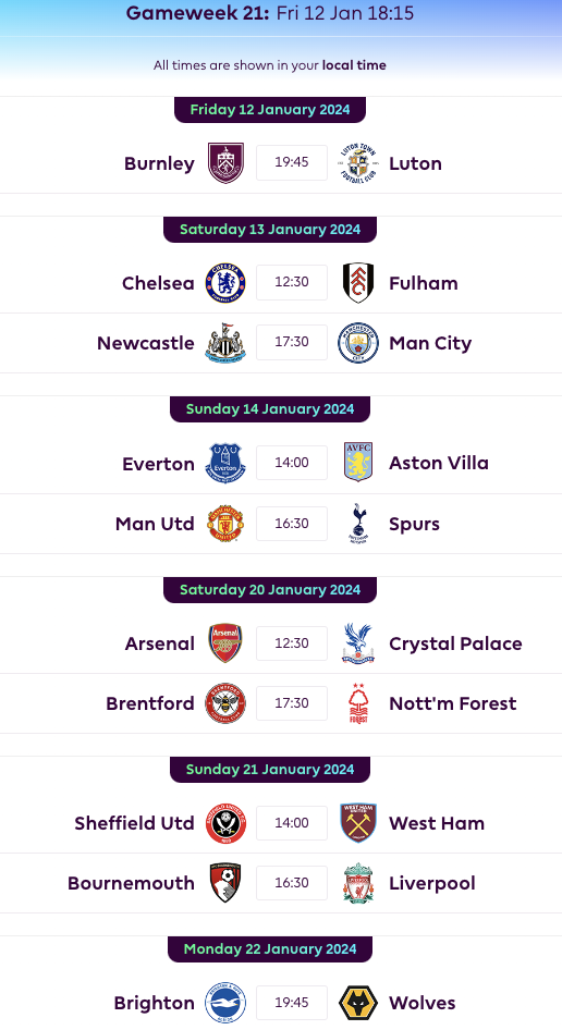 FPL Gameweek 21 Fixtures
